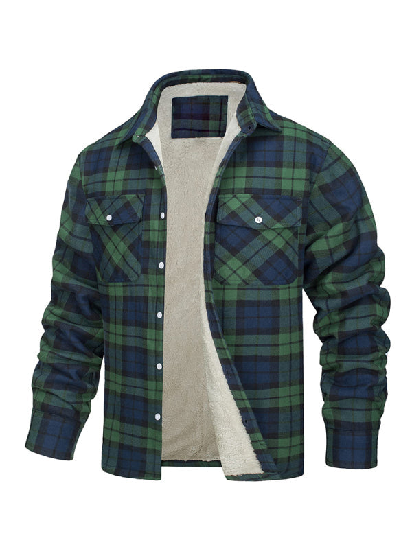 Warmer Jackets- Winter Men’s Fleece-Lined Flap Jacket in Plaid- Pattern6- Pekosa Women Clothing
