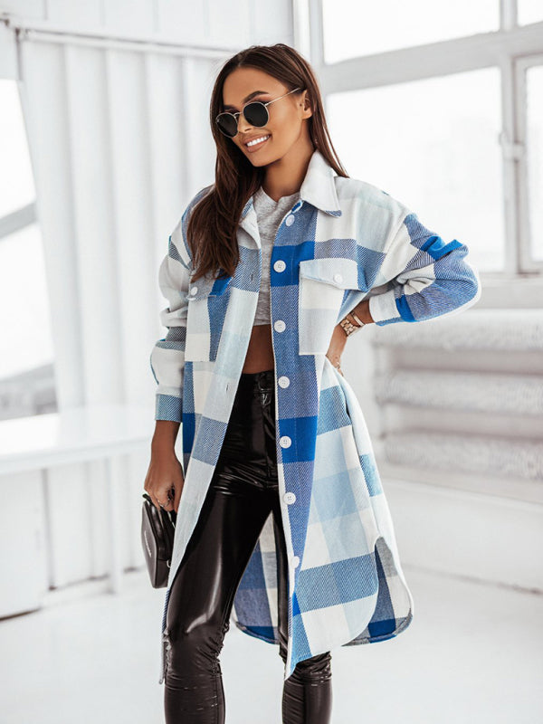 Windbreakers- Longline Shacket Windbreaker - Mid-Length Fall Plaid Wool Jacket- - Pekosa Women Clothing