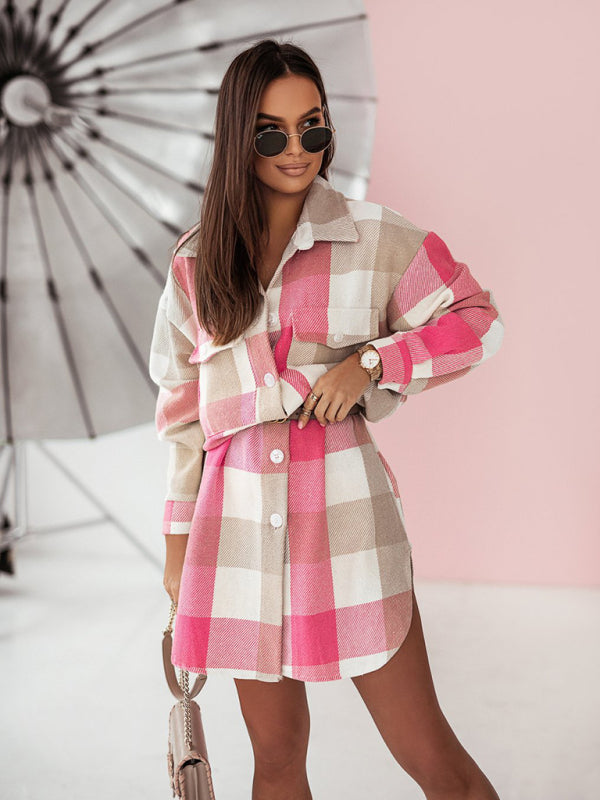 Windbreakers- Longline Shacket Windbreaker - Mid-Length Fall Plaid Wool Jacket- - Pekosa Women Clothing