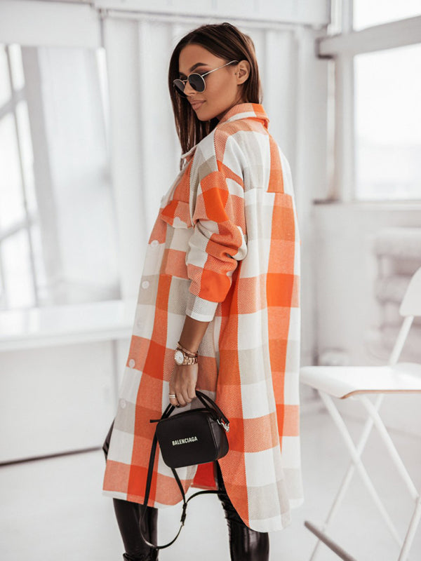 Windbreakers- Longline Shacket Windbreaker - Mid-Length Fall Plaid Wool Jacket- - Pekosa Women Clothing