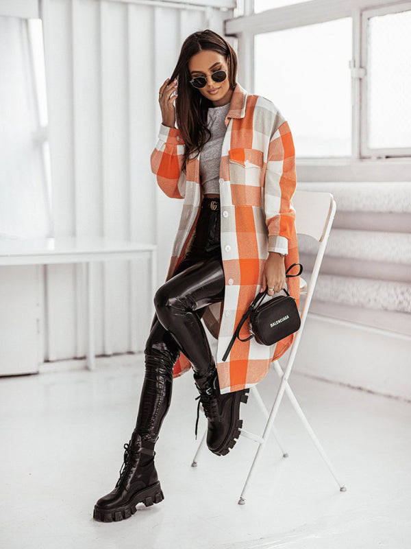 Windbreakers- Longline Shacket Windbreaker - Mid-Length Fall Plaid Wool Jacket- - Pekosa Women Clothing