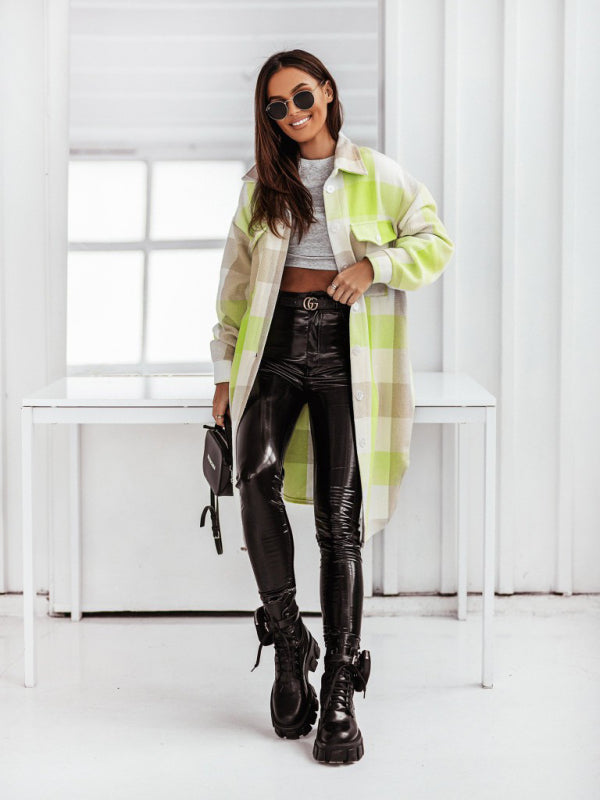 Windbreakers- Longline Shacket Windbreaker - Mid-Length Fall Plaid Wool Jacket- - Pekosa Women Clothing