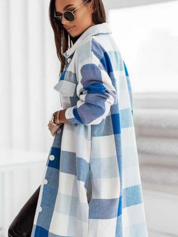 Windbreakers- Longline Shacket Windbreaker - Mid-Length Fall Plaid Wool Jacket- - Pekosa Women Clothing