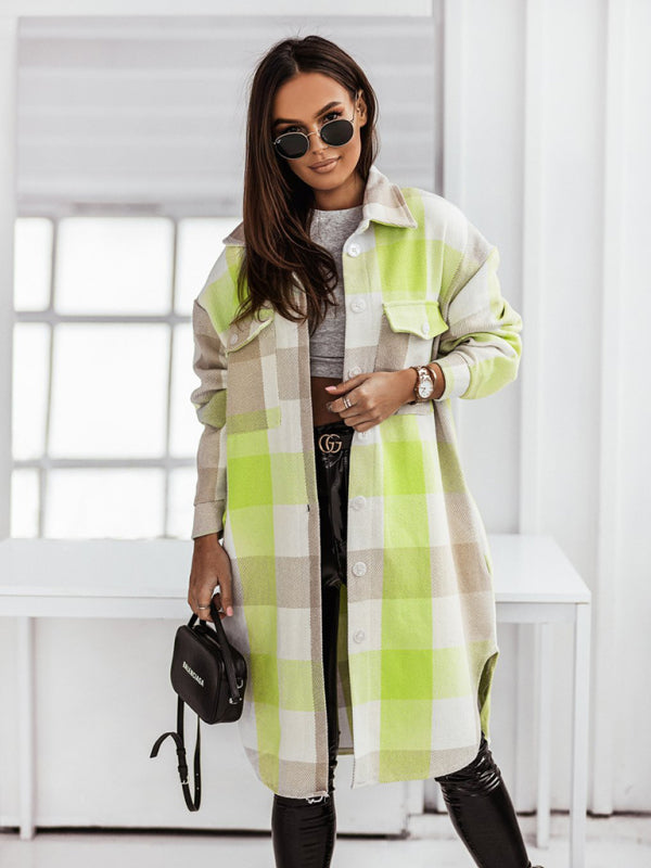 Windbreakers- Longline Shacket Windbreaker - Mid-Length Fall Plaid Wool Jacket- Green- Pekosa Women Clothing
