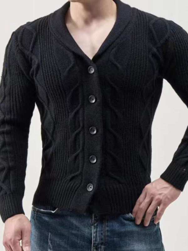 Winter Cardigans- Men's Shawl Collar Cardigan | Button-Up Cable Knit Sweater- Black- Pekosa Women Clothing