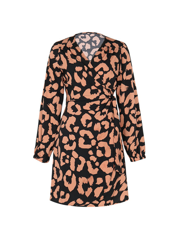 Wrap Dresses- Abstract Print Long Sleeve Wrap Dress- - Pekosa Women Clothing