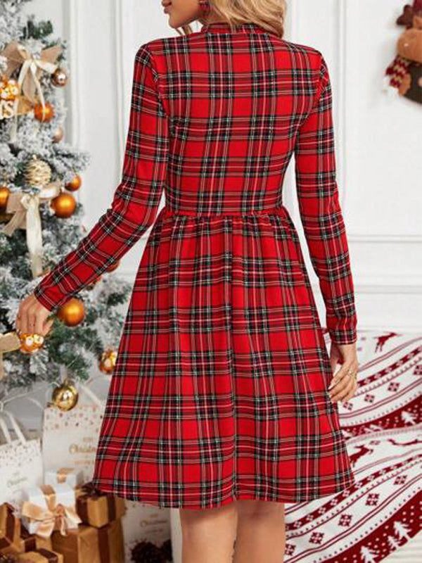 Xmas Dresses- Holiday Season Essential: Plaid Christmas Dress with Long Sleeves- - Pekosa Women Clothing