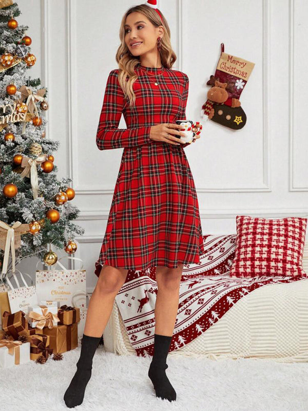 Xmas Dresses- Holiday Season Essential: Plaid Christmas Dress with Long Sleeves- - Pekosa Women Clothing