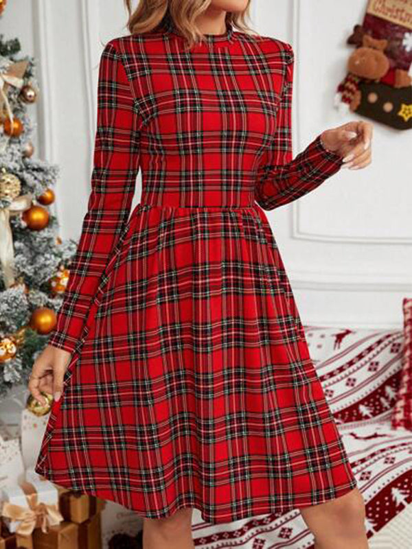 Xmas Dresses- Holiday Season Essential: Plaid Christmas Dress with Long Sleeves- - Pekosa Women Clothing