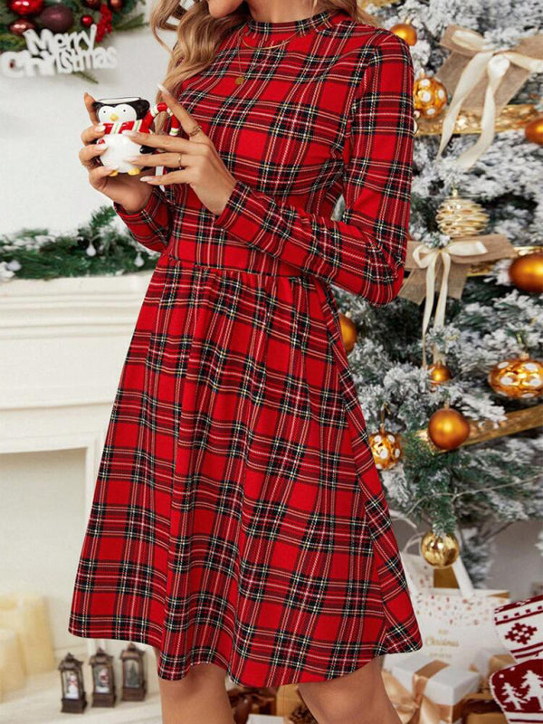 Xmas Dresses- Holiday Season Essential: Plaid Christmas Dress with Long Sleeves- - Pekosa Women Clothing