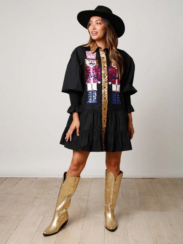 Xmas Dresses- Seasonal Sparkle Christmas Long Sleeve Sequin Patchwork Xmas Dress- - Pekosa Women Clothing