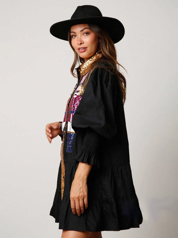 Xmas Dresses- Seasonal Sparkle Christmas Long Sleeve Sequin Patchwork Xmas Dress- - Pekosa Women Clothing