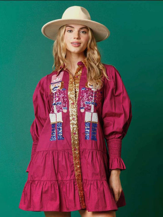 Xmas Dresses- Seasonal Sparkle Christmas Long Sleeve Sequin Patchwork Xmas Dress- Purplish red- Pekosa Women Clothing