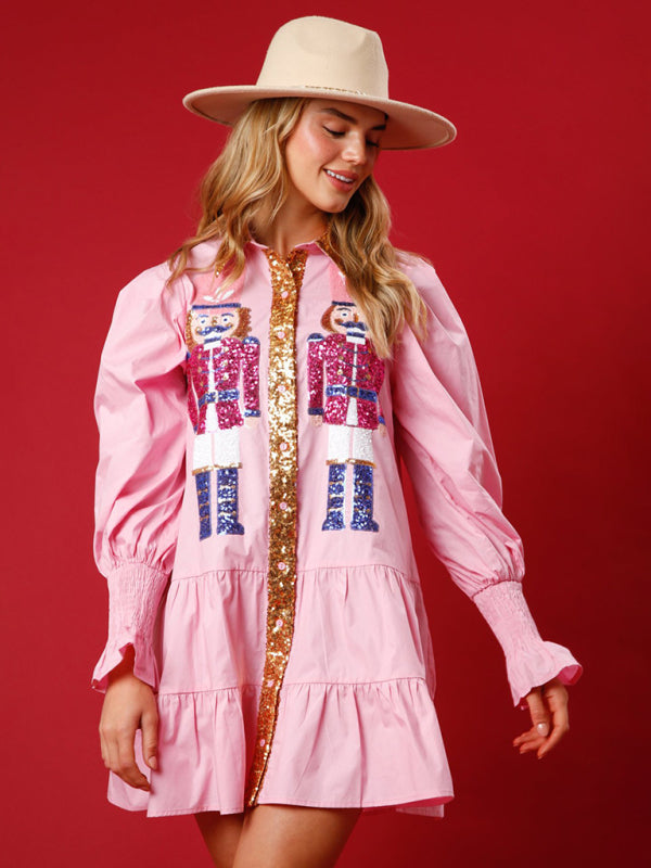 Xmas Dresses- Seasonal Sparkle Christmas Long Sleeve Sequin Patchwork Xmas Dress- Pink- Pekosa Women Clothing