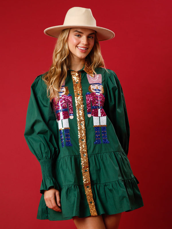 Xmas Dresses- Seasonal Sparkle Christmas Long Sleeve Sequin Patchwork Xmas Dress- Green black jasper- Pekosa Women Clothing