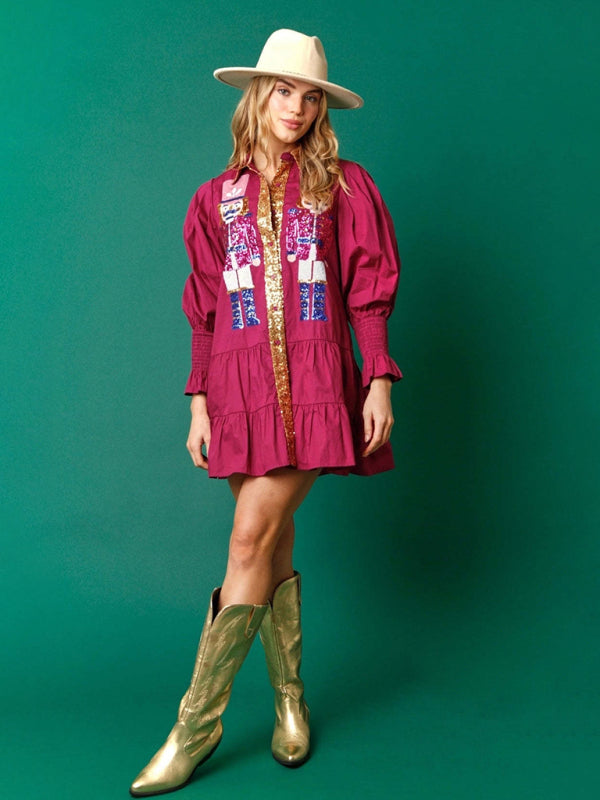 Xmas Dresses- Seasonal Sparkle Christmas Long Sleeve Sequin Patchwork Xmas Dress- - Pekosa Women Clothing