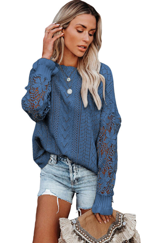 Crochet Sweaters- Cotton Blend Wool Knit Crew Neck Bishop Sleeve Sweater- - Pekosa Women Clothing
