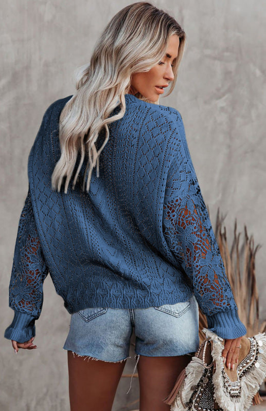 Crochet Sweaters- Cotton Blend Wool Knit Crew Neck Bishop Sleeve Sweater- - Pekosa Women Clothing