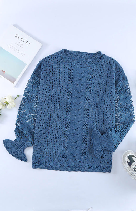 Crochet Sweaters- Cotton Blend Wool Knit Crew Neck Bishop Sleeve Sweater- - Pekosa Women Clothing