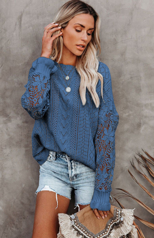 Sweaters- Bishop Sleeve Crew Neck Sweater in Cotton Wool Knit Blend- Blue- Pekosa Women Clothing