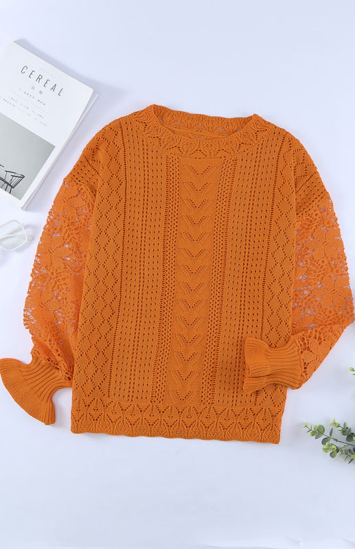 Crochet Sweaters- Cotton Blend Wool Knit Crew Neck Bishop Sleeve Sweater- - Pekosa Women Clothing