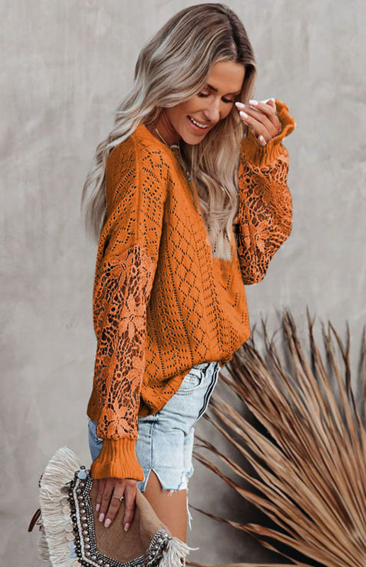 Sweaters- Bishop Sleeve Crew Neck Sweater in Cotton Wool Knit Blend- - Pekosa Women Clothing