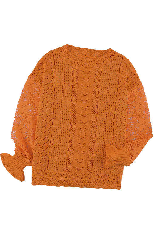 Sweaters- Bishop Sleeve Crew Neck Sweater in Cotton Wool Knit Blend- - Pekosa Women Clothing