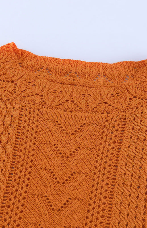 Crochet Sweaters- Cotton Blend Wool Knit Crew Neck Bishop Sleeve Sweater- - Pekosa Women Clothing