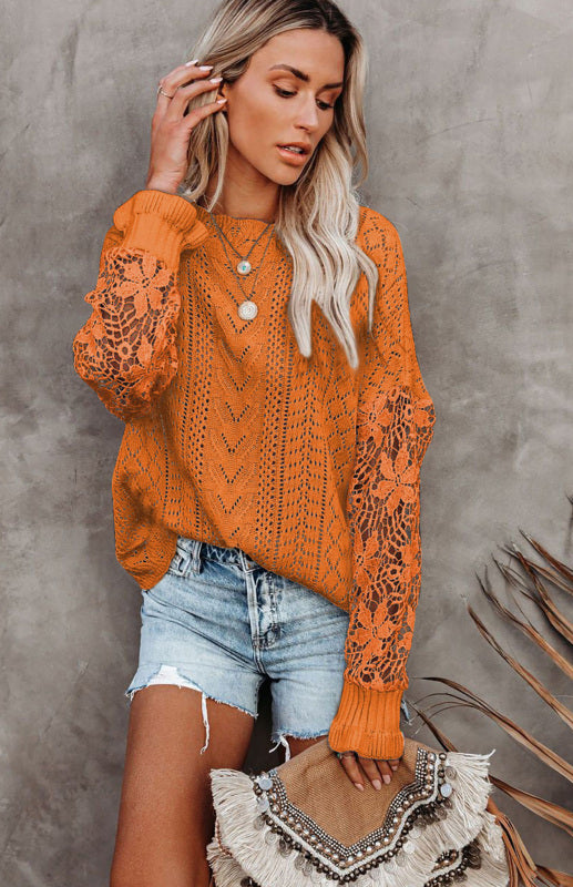 Sweaters- Bishop Sleeve Crew Neck Sweater in Cotton Wool Knit Blend- - Pekosa Women Clothing