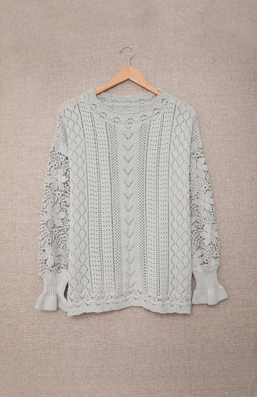 Sweaters- Bishop Sleeve Crew Neck Sweater in Cotton Wool Knit Blend- - Pekosa Women Clothing