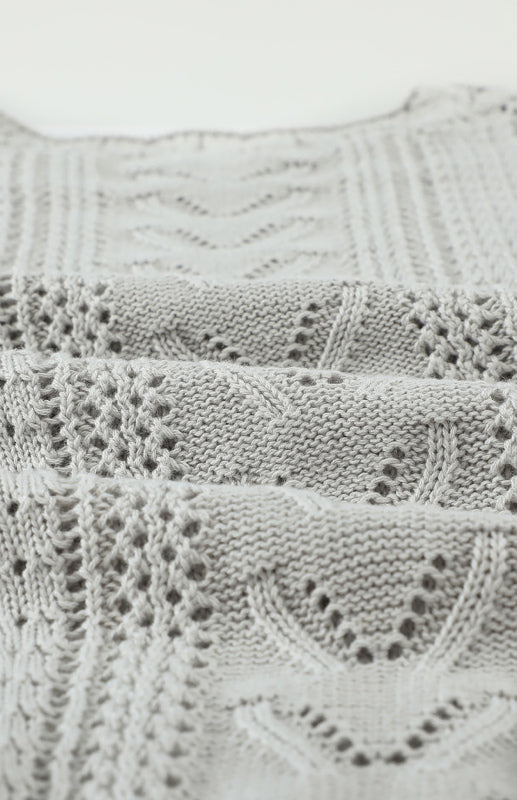 Crochet Sweaters- Cotton Blend Wool Knit Crew Neck Bishop Sleeve Sweater- - Pekosa Women Clothing