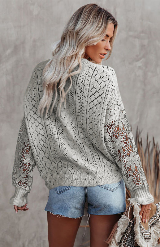 Crochet Sweaters- Cotton Blend Wool Knit Crew Neck Bishop Sleeve Sweater- - Pekosa Women Clothing