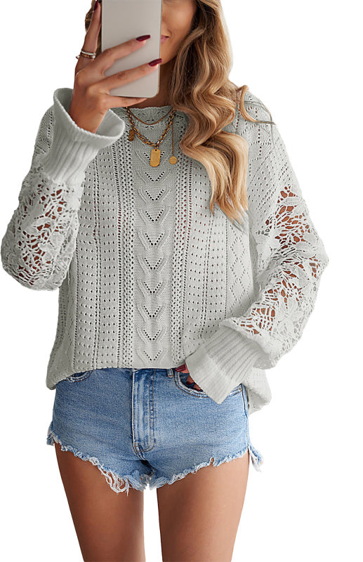 Sweaters- Bishop Sleeve Crew Neck Sweater in Cotton Wool Knit Blend- - Pekosa Women Clothing