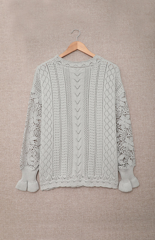 Crochet Sweaters- Cotton Blend Wool Knit Crew Neck Bishop Sleeve Sweater- - Pekosa Women Clothing