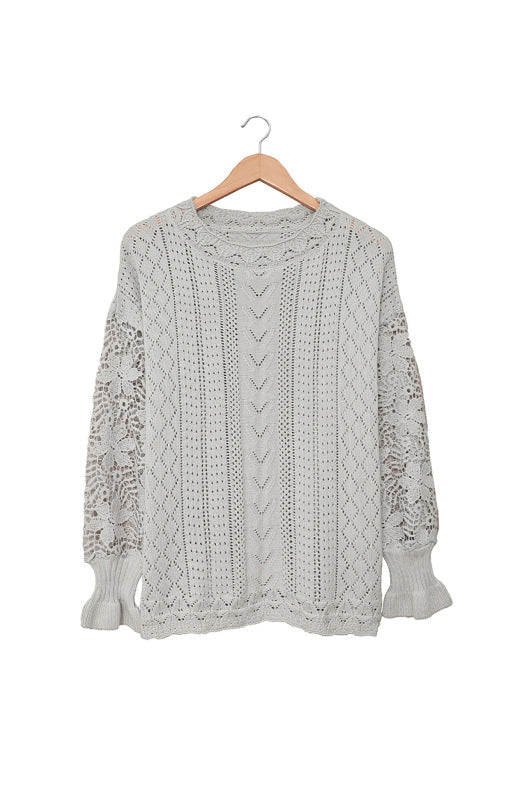 Crochet Sweaters- Cotton Blend Wool Knit Crew Neck Bishop Sleeve Sweater- - Pekosa Women Clothing