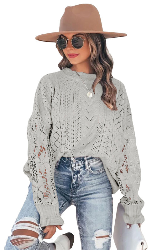 Crochet Sweaters- Cotton Blend Wool Knit Crew Neck Bishop Sleeve Sweater- - Pekosa Women Clothing