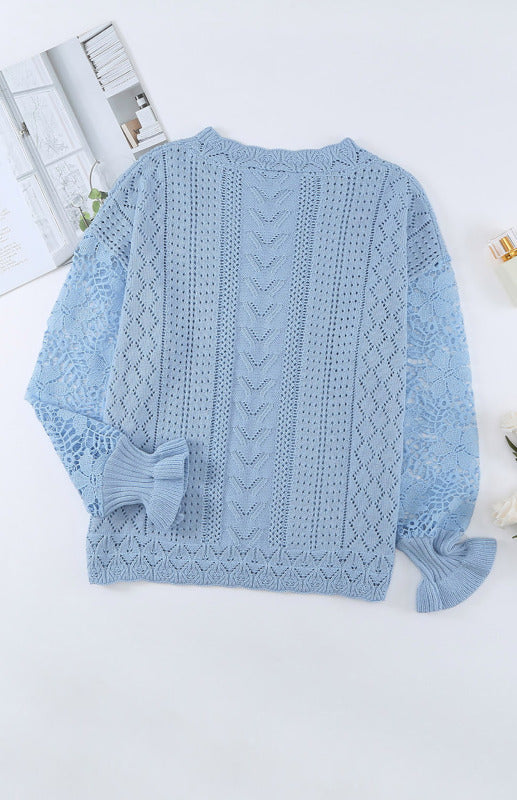 Sweaters- Bishop Sleeve Crew Neck Sweater in Cotton Wool Knit Blend- - Pekosa Women Clothing