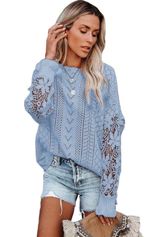 Crochet Sweaters- Cotton Blend Wool Knit Crew Neck Bishop Sleeve Sweater- - Pekosa Women Clothing