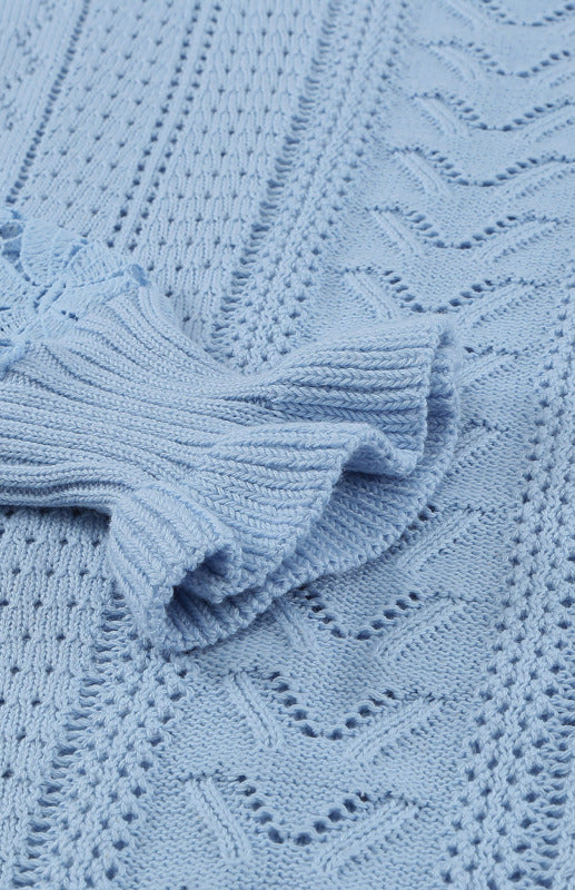 Crochet Sweaters- Cotton Blend Wool Knit Crew Neck Bishop Sleeve Sweater- - Pekosa Women Clothing