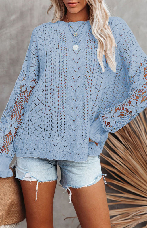 Crochet Sweaters- Cotton Blend Wool Knit Crew Neck Bishop Sleeve Sweater- - Pekosa Women Clothing