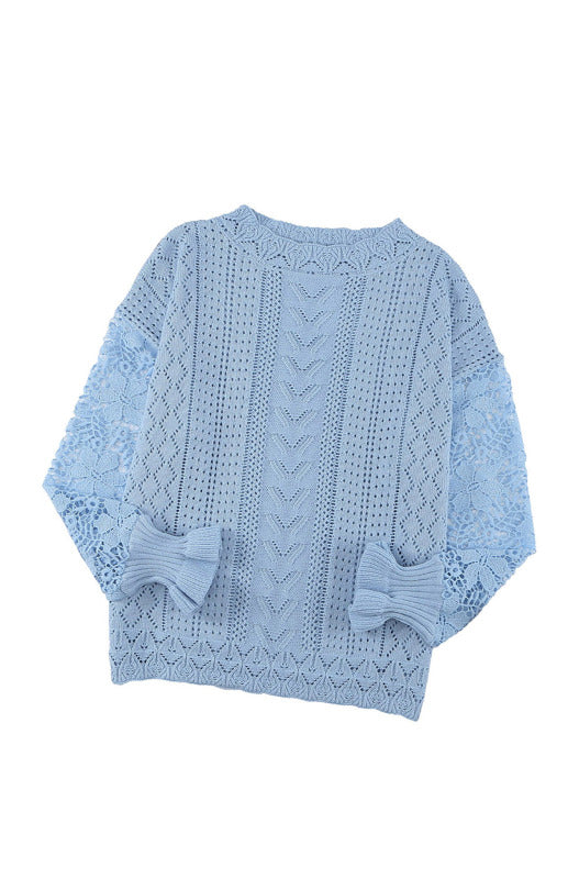 Sweaters- Bishop Sleeve Crew Neck Sweater in Cotton Wool Knit Blend- - Pekosa Women Clothing