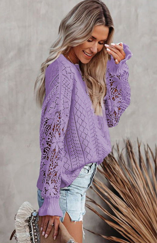 Crochet Sweaters- Cotton Blend Wool Knit Crew Neck Bishop Sleeve Sweater- - Pekosa Women Clothing