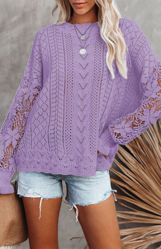 Sweaters- Bishop Sleeve Crew Neck Sweater in Cotton Wool Knit Blend- - Pekosa Women Clothing