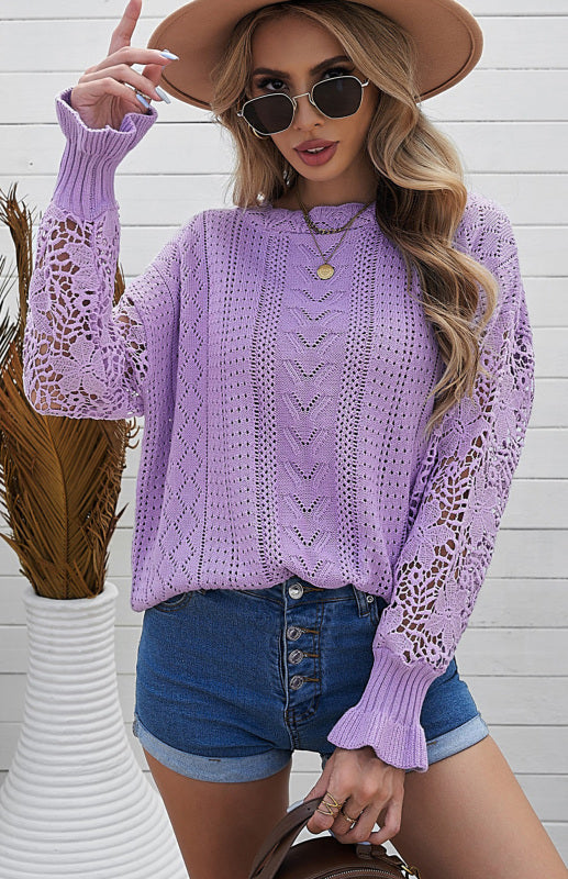 Sweaters- Bishop Sleeve Crew Neck Sweater in Cotton Wool Knit Blend- Purple- Pekosa Women Clothing