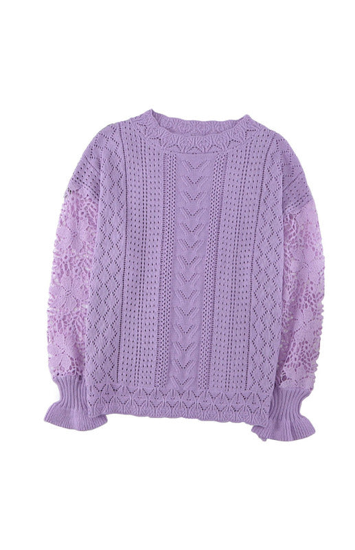 Sweaters- Bishop Sleeve Crew Neck Sweater in Cotton Wool Knit Blend- - Pekosa Women Clothing