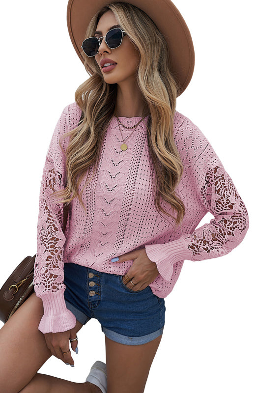 Sweaters- Bishop Sleeve Crew Neck Sweater in Cotton Wool Knit Blend- - Pekosa Women Clothing