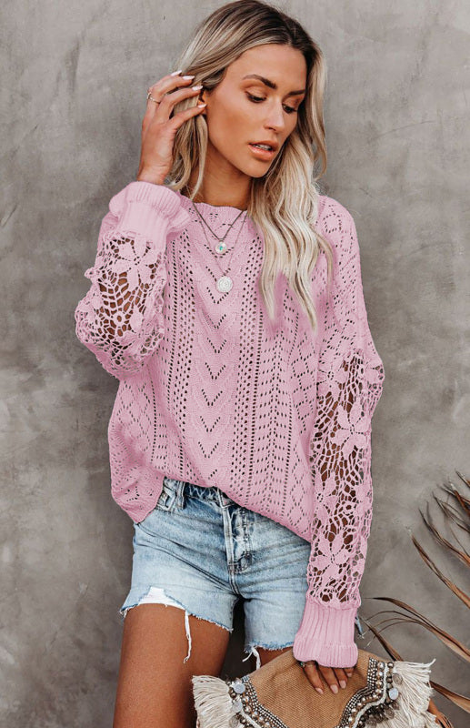 Crochet Sweaters- Cotton Blend Wool Knit Crew Neck Bishop Sleeve Sweater- Pink- Pekosa Women Clothing