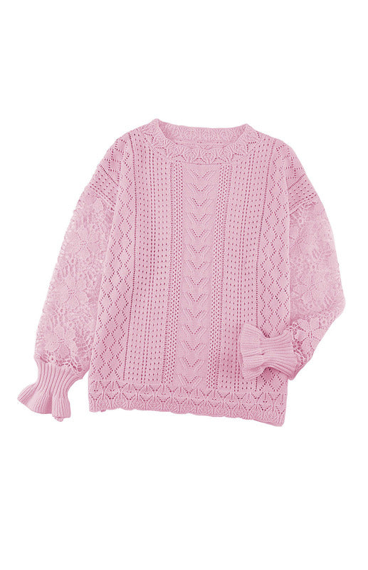 Sweaters- Bishop Sleeve Crew Neck Sweater in Cotton Wool Knit Blend- - Pekosa Women Clothing
