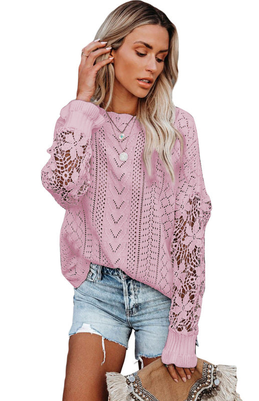 Sweaters- Bishop Sleeve Crew Neck Sweater in Cotton Wool Knit Blend- - Pekosa Women Clothing
