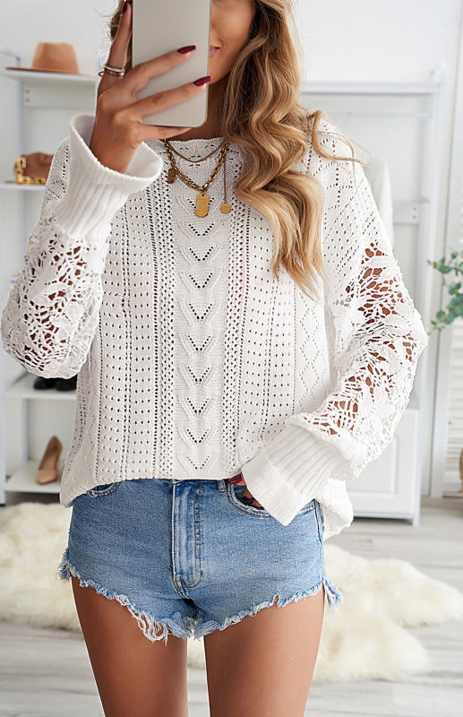 Sweaters- Bishop Sleeve Crew Neck Sweater in Cotton Wool Knit Blend- Raw white off white- Pekosa Women Clothing